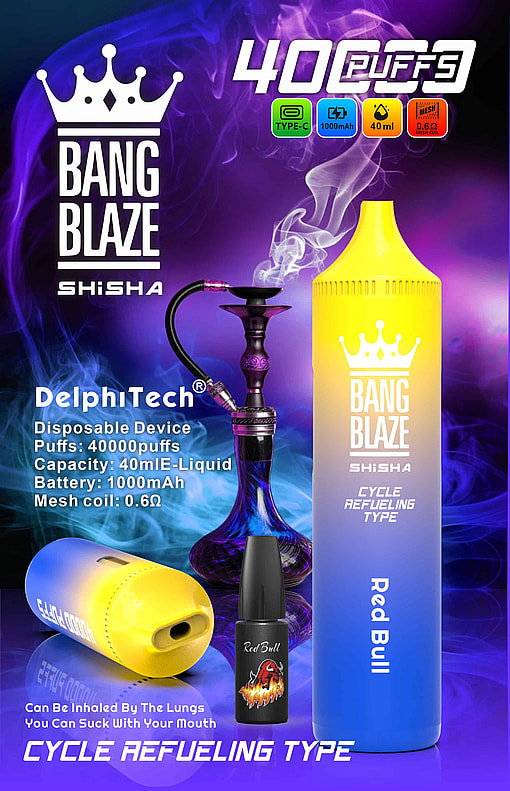 Advertisement For A Bang Blaze Shisha Disposable Vape Device In Red Bull Flavor, Featuring A Yellow And Blue Gradient Vape With Branding, Product Specifications, A Hookah, E-Liquid Bottle, And Colorful Smoke Background.