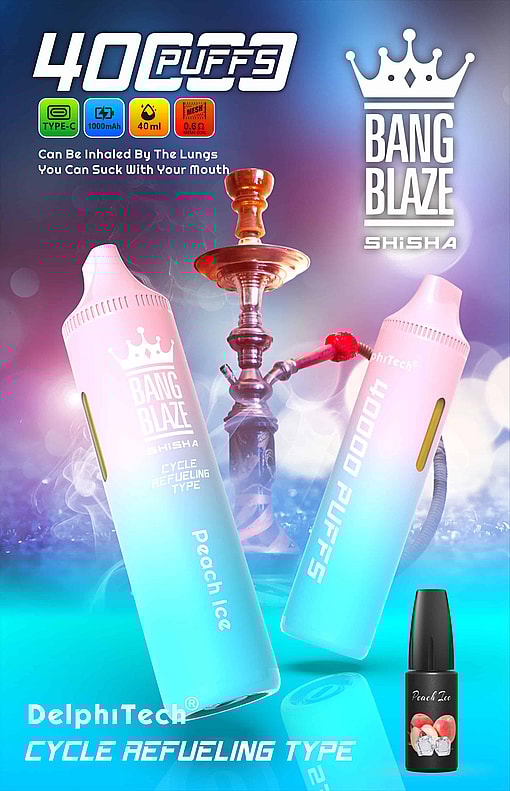 Promotional Image For Bang Blaze Shisha Highlighting A 4000 Puffs Cycle Refueling Vape Device In Peach Ice Flavor, Featuring Large Colorful Vape Pens, A Traditional Hookah In The Background, Peach Ice Vape Liquid, And Product Specifications Such As Type-C Charging, 1000Mah Battery, 40Ml Capacity, And Mesh Coil.