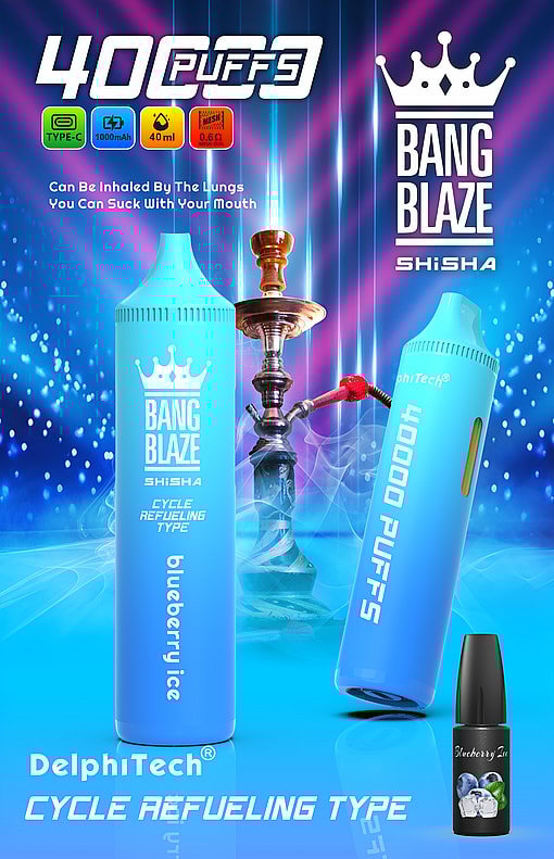 Promotional Image For Bang Blaze Shisha Showing Two Blue Vape Devices Labeled '40000 Puffs' And 'Blueberry Ice,' A Hookah In The Background, A Blueberry Ice Flavor Bottle, And Product Features Like 1000Mah Battery, 40Ml Capacity, And Mesh Coil.