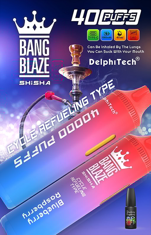 Advertisement For Bang Blaze Shisha Vape With 40,000 Puffs, Type-C Charging, 1000Mah Battery, 40Ml Capacity, Mesh Coil, And Blueberry Raspberry Flavor, Featuring Product Images And A Traditional Hookah.