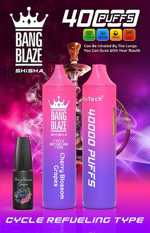 Promotional Image For Bang Blaze Shisha Showing Two Gradient Pink-And-Purple Vape Devices Labeled 'Cherry Blossom Grapes', An E-Liquid Bottle, And Features Including '40000 Puffs,' 'Type-C,' '1000Mah,' '40Ml,' And '0.6Ω Mesh Coil', With A Hookah In The Background And A Vibrant Purple-Pink Color Scheme.