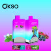 Two Vibrant Okso Double Flavor Vape Devices With A Pink And Blue Gradient Design, Featuring Images Of Mint Leaves And Mixed Berries To Represent The Mint And Blue Razz Cherry Cranberry Flavors, Along With A Cartoon Animal Illustration And Surrounding Fruit Visuals On A Gradient Background.
