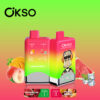 Two Okso Double Flavor Vape Devices Featuring Watermelon Ice And Peach Mango Flavors, Displayed With Images Of Watermelon, Peaches, Mangoes, Ice Cubes, And A Cartoon Character Wearing Headphones, Set Against A Green And Orange Gradient Background.