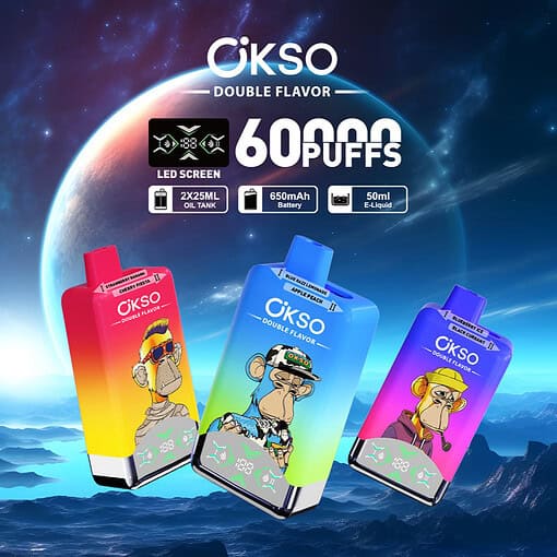 Advertising image for OKSO Double Flavor 60000 vape devices featuring three colorful vape designs with cartoon ape illustrations, displayed against a sci-fi planet and mountain landscape background, highlighting key features like 60,000 puffs, LED screen, dual 25ml oil tanks, 650mAh battery, and 50ml e-liquid.