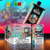 Bang 30000 Pro Wispitable Vape -apparaat en verpakking met een vlammende schedelontwerp, gelabeld met productdetails zoals 30.000 trekjes, 36 ml vloeibare capaciteit, watermeloenbootbessenmuntsmint en waarschuwing voor nicotine -verslaving.