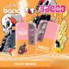 Publicité colorée pour la vape jetable Bang au goût pêche mangue, avec deux appareils de vape roses et oranges, une illustration stylisée de crâne, une voiture de course de dessin animé et des fonctionnalités mises en évidence comme 3200 bouffées et une capacité de liquide de 32 ml.