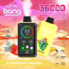 Publicité colorée pour un dispositif de vape Bang jetable, avec deux unités de vape jaune étiquetées «Banane de fraises», les détails techniques et les fruits illustrés et un squelette tenant des fruits sur le boîtier, fixé contre un ciel de coucher de soleil vibrant.