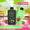 Image promotionnelle pour un dispositif de vape jetable Bang, Flavour Strawberry Kiwi, avec deux appareils de vape verts avec des graphiques colorés, un affichage numérique, une régulation de la pression d'empreintes digitales et des caractéristiques clés telles que 36000 bouffées, un volume de 36 ml, une batterie de 850mAh et une charge de type C.