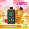 Image promotionnelle d'un dispositif de vape jetable Bang dans la saveur de mangue de fraise, avec deux appareils avec des écrans numériques et des graphiques colorés, ainsi que des icônes mettant en évidence des fonctionnalités telles que 36000 bouffées, une double file d'empreinte digitale, une batterie de type C, avec une batterie de type C, avec des mangues et un fond de soleil.