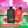 Publicité colorée pour une vape jetable compliquée avec un affichage numérique, des saveurs étiquetées de pastèque aux fraises et des fonctionnalités de mise en évidence telles que 36000 bouffées, une bobine à double filet, une réglementation de pression d'empreinte digitale et une batterie de 850mAh avec charge de type C.