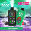 Image promotionnelle pour un dispositif de vape triple baies jetable Bang, montrant deux appareils - un avec un affichage numérique et un avec un design avec un squelette dans un sweat à capuche rouge - un fond coloré et stylisé avec des fonctionnalités clés et des illustrations de baies.