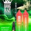 Advertentie voor de Bang Blaze 40000 Shisha Cycle Refueling Type Disposable Vaping Device in watermeloensmaak, met twee grote roze en groene vape-pennen met kleurovergang, een waterpijp die damp uitstoot op de achtergrond, een watermeloen e-liquidfles en technische details over 40.000 trekjes, 1000 mAh-batterij, 40 ml capaciteit en 0,6 Ω mesh-spoel op een groene, rokerige achtergrond.
