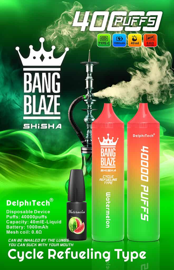 Advertentie voor het Bang Blaze 40000 Shisha cycle hervulbare wegwerp-vape-apparaat met watermeloensmaak, met twee grote roze en groene vape-pennen, een waterpijp die damp uitstoot op de achtergrond, een e-liquidflesje met watermeloenmotief en technische details over 40.000 trekjes, 1000 mAh-batterij, 40 ml-capaciteit en 0,6 Ω mesh-coil op een groene, rokerige achtergrond.