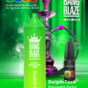 Advertentie voor Bang Blaze Shisha met een groene wegwerp-vape met het label 'Double Apples', een waterpijp en een e-liquidfles met appels, met specificaties voor 40.000 trekjes, 40 ml e-liquid, 1000 mAh-batterij en mesh-coil.