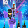 Promotieposter voor de Bang Blaze Shisha Disposable Vape, met een paars en blauw apparaat, met toelichtingen voor 40.000 trekjes, 40 ml e-liquidcapaciteit, 1000 mAh-batterij, Type-C-opladen, 0,6 Ω mesh-coil en een 'cycle refueling type'-systeem, omringd door fruitafbeeldingen en een traditionele waterpijp op de achtergrond.