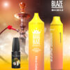 Advertentie voor Bang Blaze Shisha Vape-apparaat in Piña Colada-smaak, met een gele en oranje wegwerpvape, e-liquidfles, pictogrammen met 40.000 trekjes, Type-C-opladen, 1000 mAh-batterij, 40 ml capaciteit en mesh-coil, met een waterpijp en oranje achtergrond.