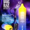 Advertentie voor een Bang Blaze Shisha wegwerp-vape in de smaak Red Bull, met een geel-blauwe gradiënt-vape met branding, productspecificaties, een waterpijp, e-liquidfles en kleurrijke rookachtergrond.