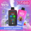 ブルーベリー ラズベリー フレーバーの「Bang」と呼ばれる使い捨て Vape デバイスのプロモーション画像。ゴブリンのイラスト、デジタル ディスプレイ、デュアル メッシュ、調整可能な氷レベル、デュアル オイル タンク、指紋圧力調整、850 mAh バッテリー、Type-C 充電などの機能を強調するアイコンが付いたデバイスが表示されています。