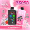 ストロベリーアイス風味の Bang 使い捨て Vape デバイスのプロモーション画像。ピンクの背景、2 つの Vape デバイス (1 つはデジタル ディスプレイ、もう 1 つは漫画のゾンビが描かれている)、デュアル メッシュ、アイス チューニング、指紋認証、850 mAh バッテリー、36,000 パフなどの機能を強調するアイコンが描かれています。