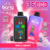 A Bang 使い捨て Vape デバイスのカラフルな広告。トリプル ベリー アイス フレーバーをフィーチャーし、デバイス、ベリー、エイリアンのグラフィックの画像のほか、デュアル メッシュ、指紋圧力調整、36,000 パフなどの機能を強調するアイコンとテキストが掲載されています。