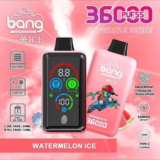 スイカアイス風味の「Vape With a Bang」使い捨てベイプデバイスの広告。36,000回の吸引、デュアルメッシュ、デュアルオイルタンク、指紋圧力調節機能を備え、漫画のキャラクターとスイカのスライスが描かれたピンク色のパッケージに描かれています。
