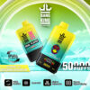 Twee Bang King Vape-apparaten met digitale schermen worden tegen een bergachtergrond getoond, met de nadruk op de dubbele smaken Blueberry Ice en Peach Mango Watermelon, 50.000 puffs en functies zoals Mesh Coil en instelbare luchtstroom.