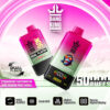 Twee Bang King Dual Flavor Vape-apparaten in levendig roze en groen, met digitale displays, met tekstmarkering 50.000 trekjes, dubbele smaak (aardbei-watermeloen en kiwi-passievrucht-guave) en pictogrammen voor smaakkeuze, mesh-coil, instelbare luchtstroom en schermweergave.