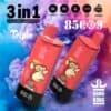 Advertentie voor Bang King Vapen met twee rode vape-apparaten met een cartoon-aapontwerp, met 3-in-1 instelbare smaken, 8500 trekjes en belangrijke specificaties tegen een kleurrijke rookachtergrond.
