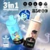 Promotie-afbeelding voor Bang King Vapen 3-in-1 wegwerp-vape-apparaten met de smaken ananasijs en kersen-cola, met cartoonapen op kleurrijke apparaten, met uitgelichte functies zoals een capaciteit van 21 ml, 85.000 trekjes, opladen via type-C, instelbare smaken en een drievoudig luchtstroomsysteem, tegen een rokerige achtergrond.