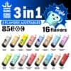 Promotieafbeelding voor Bang King Vapen 3-in-1 vape met 3 instelbare smaken, tot 8500 trekjes, 16 beschikbare smaakvarianten en afbeeldingen van kleurrijke vape-apparaten met tekenfilmfiguren die elke smaak vertegenwoordigen.