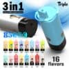 Promotie-afbeelding voor een drievoudige smaak vape-apparaat met 3-in-1 instelbare smaken, 8500 trekjes en 16 geïllustreerde smaakopties. Bang King Triple 85000