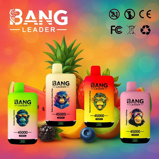 Kleurrijke advertentie voor Bang Leader 45000 wegwerp-vapes met fruitsmaken, met vier vape-apparaten met cartoon-apen met zonnebrillen, tegen een achtergrond van diverse soorten fruit en een pastelkleurige achtergrond met kleurverloop.
