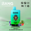 Bang Leader Vape-Gerät mit 45.000 Puffs mit einem Blau-Grünen-Gradientenkörper, umgeben von einer roten Bullen, Wassermelonenscheiben und Blaubeeren, was auf Red Bull Blueberry Watermelon-Aroma hinweist.