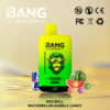 Ein Bang Leader Vape -Gerät mit einem Affen, der eine Sonnenbrille auf dem Etikett trägt, umgeben von einer roten Bullendose, in Scheiben geschnittener Wassermelone und farbenfrohen Blasenzonsen, wobei der Text auf den Geschmack der roten Bull -Wassermelonenblasen und 45.000 Puffs hinweist.