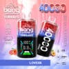 Promotionele afbeelding voor BANG Wegwerp Tornado Vape-apparaat in de Love66-smaak, met twee kleurrijke vapen, digitaal display, fruitelementen en etikethoogtes, waaronder 40.000 kiezels, drie mesh-spoelen, verstelbaar vermogen, 40 ml capaciteit, 850 mAh batterij en Type-C-opladen.