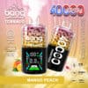Kleurrijke advertentie voor BANG Tornado Disposable Vape in Mango Peach Flavour, met twee vape-apparaten met digitale displays, tellen van bladen, fruitafbeeldingen en gemarkeerde functies zoals 40.000 puffs, mesh spiraal, verstelbaar vermogen, 40 ml volume, 850 mAh batterij en type-C-opladen.