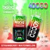Promotionele afbeelding voor BANG Disposable Tornado Vape met twee kleurrijke vape-apparaten, aardbei- en watermeloenplakken en gemarkeerde functies zoals 40.000 trekjes, drie mesh, verstelbaar vermogen, 40 ml volume, 850 mAh batterij en type-C opladen, alle thema rond de aardbeienwatermaak.