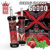 Bang Blaze wegwerp-vape-apparaat met een Red Devil-thema-ontwerp, gelabeld als 'Cherry Mint'-smaak, met productdetails, kersen en muntblaadjes aan de zijkant.
