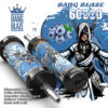 Bang Blaze wegwerp-vape-apparaat in blauw met fantasierijke vrouwelijke krijgerillustratie, bosbessenafbeelding en productspecificaties voor 60.000 trekjes, 40 ml e-liquid en 1000 mAh-batterij.
