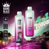 Twee Bang Blaze 4-in-1 wegwerp-vape-apparaten met kleurrijke kleurverlopen en een digitaal display, tegen een futuristisch neonlandschap met bergen en water, naast pictogrammen die een 650 mAh-batterij, 1,0 Ω, Type-C-opladen en een capaciteit van 60.000 trekjes benadrukken.
