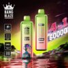 Twee kleurrijke Bang Blaze 4-in-1 vape-apparaten worden tentoongesteld tegen een futuristisch neonlandschap, met prominente tekst die 60.000 trekjes, 650 mAh-batterij, digitaal display en Type-C-oplaadfuncties benadrukt.