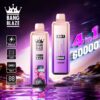 Promotie-afbeelding voor Bang Blaze 4-in-1 wegwerp-vape-apparaat met twee apparaten met digitale displays, een gestileerde aapafbeelding, belangrijke kenmerken zoals een 650 mAh-batterij, een capaciteit van 60.000 trekjes, opladen via Type-C en een paarse achtergrond met een kosmisch waterlandschap.