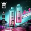 Twee kleurrijke Bang Blaze 4-in-1 wegwerp-vapes met een digitaal scherm en een cartoon-afbeelding van een aap, tegen een futuristisch, neonverlicht landschap. Productspecificaties omvatten: 650 mAh-batterij, 1,0 Ω-spoel, Type-C-opladen, digitaal display en een markering van 60.000 trekjes.