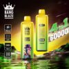 Twee Bang Blaze 4-in-1 vape-apparaten met een neonkleurige achtergrond, die hun kenmerken benadrukken, zoals een 650 mAh-batterij, digitaal display, Type-C-opladen en 60.000 trekjes. Op één apparaat staat een aap met een paarse hoed afgebeeld.