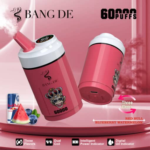 Promotiefoto van twee roze wegwerp-vapes met het label 'BANG DE' met 60.000 trekjes en drie smaken: Red Bull, bosbes en watermeloen, naast kenmerkende pictogrammen en fruitillustraties.