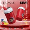 Wegwerp-vape van het merk Bang De in het rood met een cartoongorilla-afbeelding, met functies zoals 60.000 trekjes, drie smaken (Red Bull, Strawberry Banana), dubbele spoel, intelligente stroomindicator en digitale olie-indicator, met afbeeldingen van fruit en energiedrank naast het apparaat.