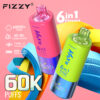 Twee kleurrijke Fizzy Max Iii 60000 6-in-1 wegwerp-vape-apparaten met een LED-scherm, met functies zoals 60.000+ trekjes, 60 ml e-liquid-capaciteit, oplaadbaar type C en een 850 mAh-batterij, tegen een roze achtergrond met abstracte papieren linten.