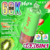 Advertentie voor Fizzy Max Iii Disposable Vape, met 60.000 trekjes, 6 smaken in één apparaat en een groen en roze vape-apparaat met aardbeien, kiwi's en andere smaakopties.