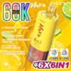 Advertentie voor Fizzy Max Iii Vape-apparaat met 60.000 trekjes, zes smaken in één apparaat (aardbei-watermeloen, citroen-limoen, bosbes-kokos en mengsels), met een grote geel-bronzen vape-pen tegen een levendige achtergrond van spetters fruit en sap.