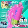 Felgekleurde promotieafbeelding voor een Fizzy Max III vape-apparaat met een roze en groene behuizing, met de afbeeldingen "60K Puffs" en "6 smaken in 1 apparaat", en een lijst met mengbare smaken, waaronder aardbei-kiwi, bosbessenijs en watermeloenijs.
